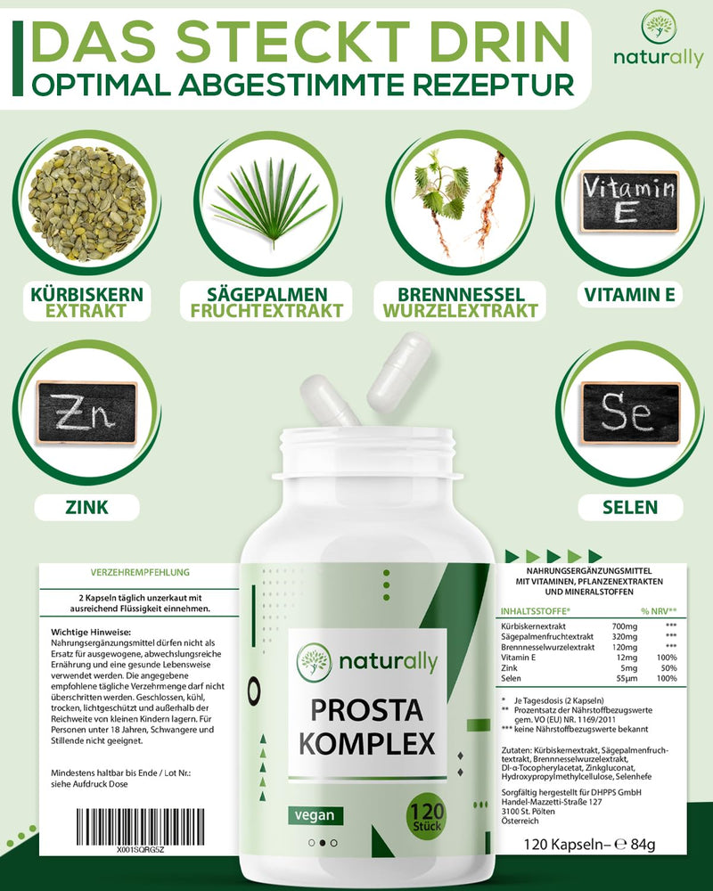 Naturally Prostate Capsules High Dose [Pack Of 120] - Complex With Pumpkin Seed, Nettle, Saw Palmetto Extract With Vitamin E, Zinc, Selenium - Made In Germany, Vegan, Testosterone, Nettle Capsules - NewNest Australia
