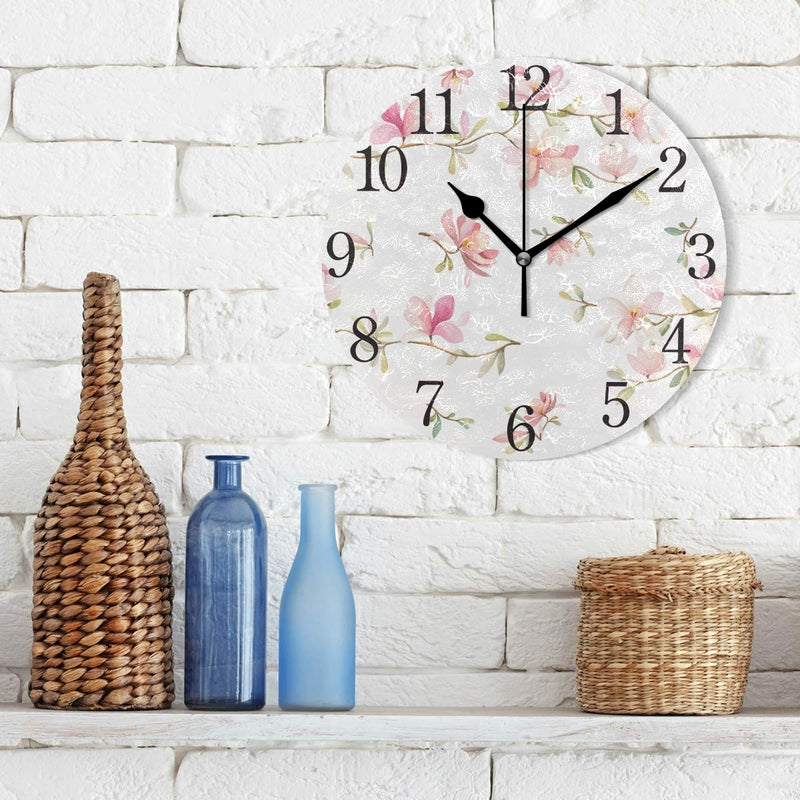 NewNest Australia - SUABO Wall Clock Arabic Numerals Design Beautiful Pink Floral Round Wall Clock for Living Room Bathroom Home Decorative 