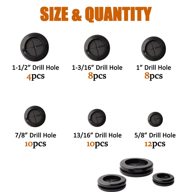 ISPINNER 52pcs 6 Sizes Rubber Grommet, Double Sided Round Rubber Hole Plug, Drill Hole 5/8" 13/16" 7/8" 1" 1-3/16" 1-1/2" (Black) Black - NewNest Australia