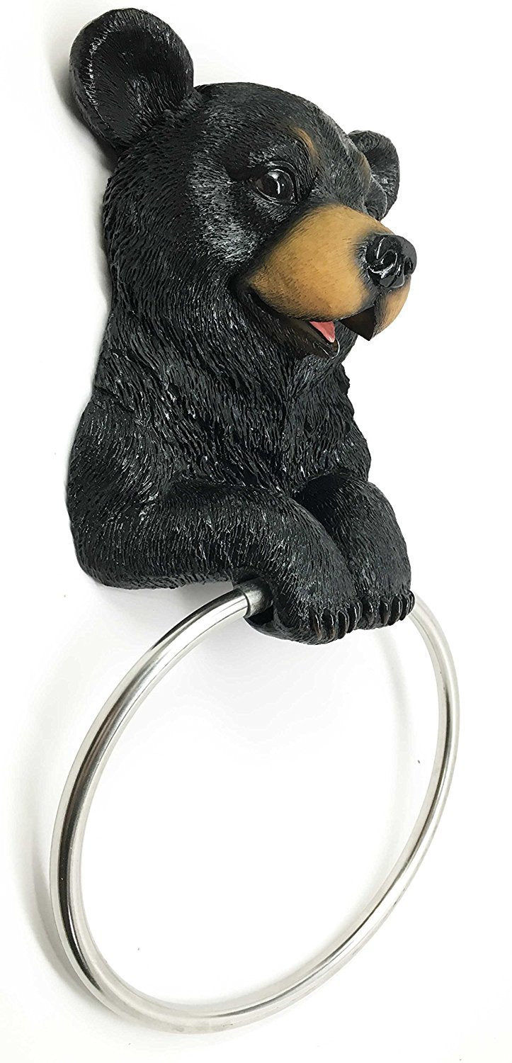 Darling Black Bear Hand Towel Ring Holder Figurine Powder Room Bathroom Wall Decor for Rustic Cabin Hunting Lodge Sculpture - NewNest Australia