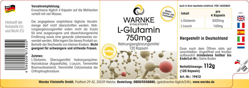 L-Glutamine capsules - 750mg per capsule - vegan & high dosage - free form - 120 capsules | Warnke vital substances - NewNest Australia