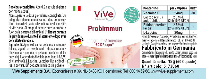 Probimmun With Bacterial Cultures - 60 Time Delayed Drcaps - Lactobacillus Acidophilus + Bifidobacterium Lactis - High Dose | Quality From Germany Vive Supplements - NewNest Australia