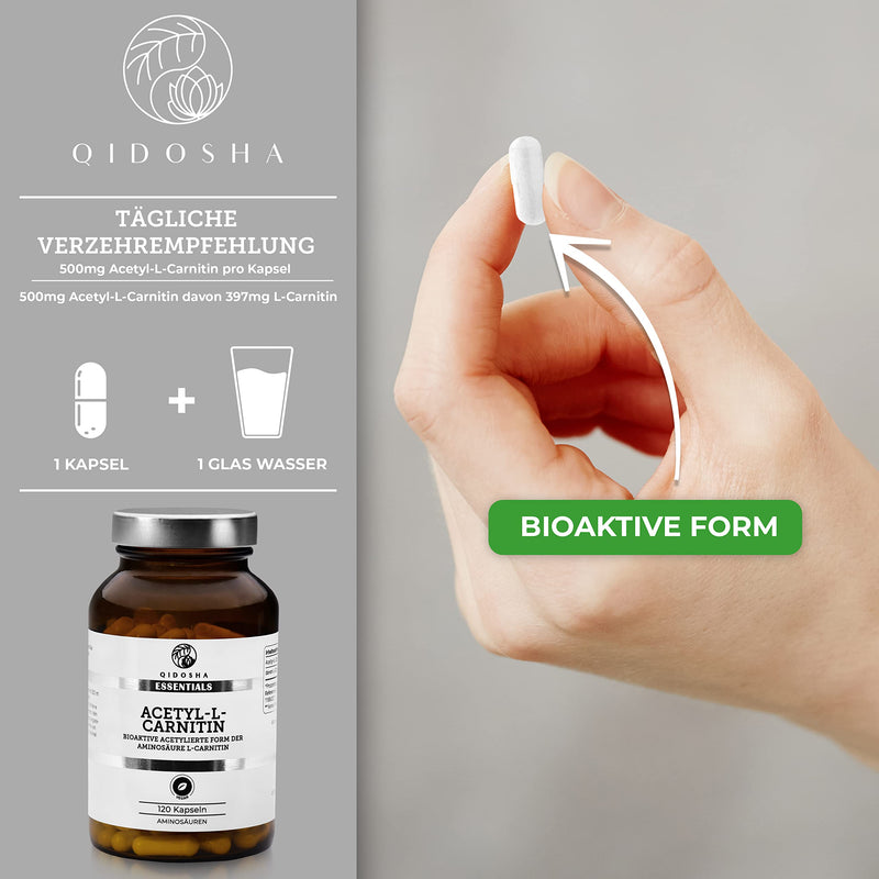 Qidosha Acetyl L Carnitine Capsules Bioactive, Increased Bioavailability, 120 Capsules/Glass, Acetyl L Carnitine 500Mg Vegan, Bioactive Acetylated Form Of The Amino Acid L-Carnitine, Produced In Germany - NewNest Australia