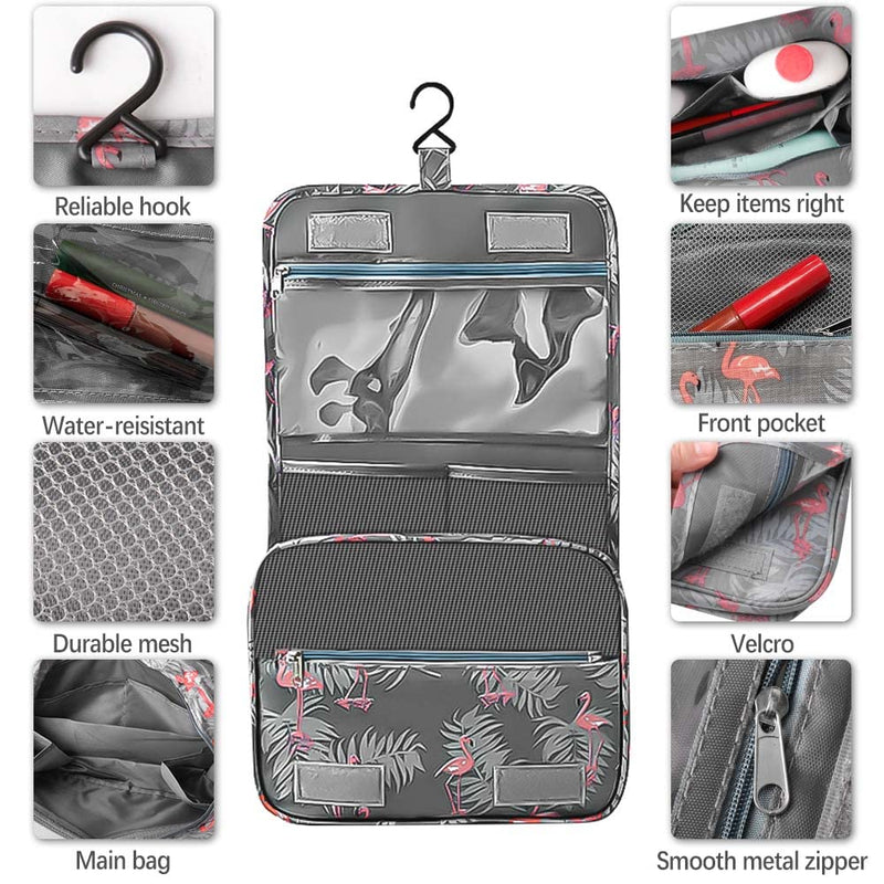 Hanging Toiletry Bag - Travel Portable Wash Bag Makeup Cosmetic Organizer for Women & Girls Waterproof Bathroom Shower Bag for Business Trip, Gym, Vacation & Household (Gray Flamingo) Grey - NewNest Australia