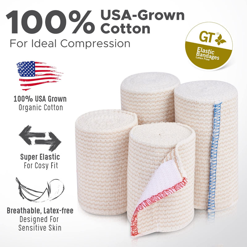 Premium Elastic Bandage Wrap Made of USA Grown Organic Cotton - Hook & Loop Fasteners at Both Ends - GT Latex Free Hypoallergenic Compression Roll for Sprains & Injuries (3" Wide, 2 Pack) 3" Wide - NewNest Australia