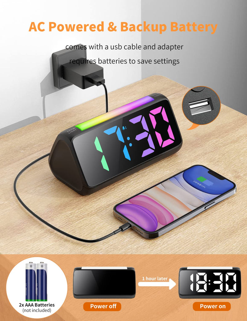 Netzu Digital Alarm Clocks for Bedrooms, Bedside Clocks with RGB Night Light, Rainbow Time, Large Display, USB Charger, Dual Alarm, Snooze, LED Desk Dimmable Alarm Clock for Kids Teens Boys Girls - NewNest Australia