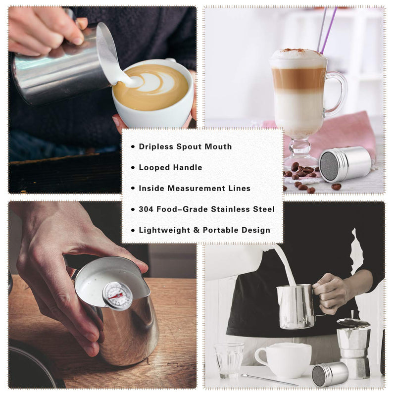 WXJ13 Milk Jug 900ml/32OZ, Stainless Steel Milk Frothing Pitcher, Milk Thermometer with Clip, Powder Shaker with Lid and Latte Art Pen for Hot Chocolate Cappuccino Coffee Latte Art Maker - NewNest Australia