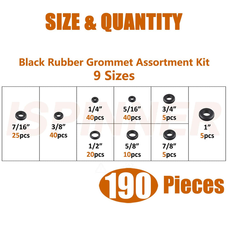 ISPINNER 190pcs Rubber Grommet Assortment Kit, 9 Sizes Eyelet Ring Gasket 1/4" 5/16" 3/8" 7/16" 1/2" 5/8" 3/4" 7/8" 1" - NewNest Australia