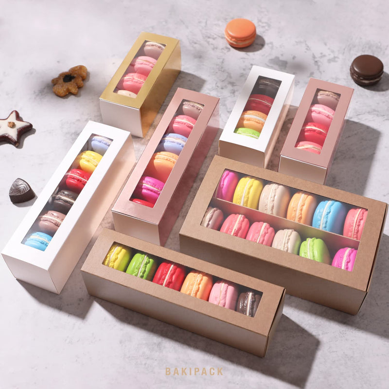BAKIPACK 25 Macaron Boxes for 6 Macarons Gold Macaron Boxes with Interior Measurement 7.3" x 1.9" x 1.9" Macarons Gift Box with Clear Window (without Macaron inside) - NewNest Australia