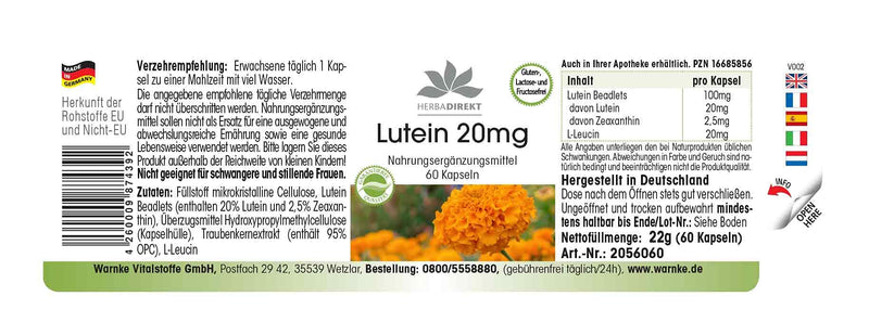 Lutein 20mg - microencapsulated - 60 capsules - vegan | HERBADIREKT by Warnke vital substances - NewNest Australia