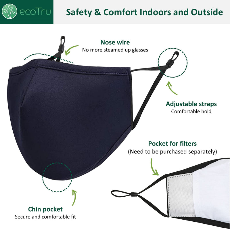 ecotru UK 4 Pack Reusable Cotton Face Masks, 2 Navy Blue, 2 Black Mask with Nose Wire for Glass Wearers, 3-Ply Washable & Breathable Fabric with Filter Pocket & Adjustable Loops - NewNest Australia