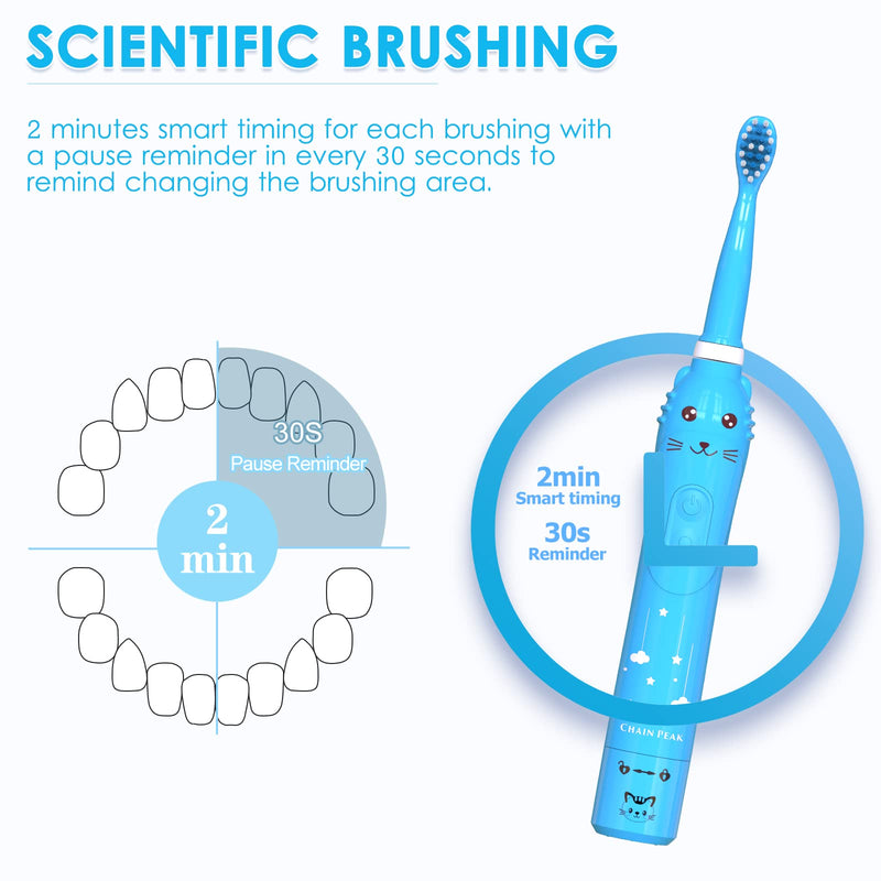 Rechargeable Toothbrush for Children, Sonic Toothbrush for Kids, Smart Electric Toothbrush for Boys Girls Age 3-12, 30s Reminder, 2 Mins Timer, 6 Modes, 8 Brush Heads, Cartoon Design 8650 Blue+ 8 Brush Heads - NewNest Australia