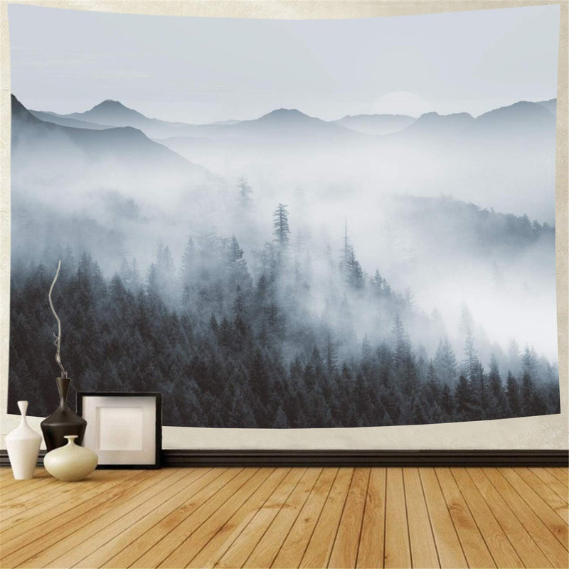 NewNest Australia - Heopapin Misty Forest Tapestry Forest Trees with Mountain Tapestry Black and White Fantastic Fog Magical Tapestry 3D Vision Nature Landscape Tapestry for Bedroom Living Room Dorm (W78.7 × H59.1) Large Black and White Misty Forest 
