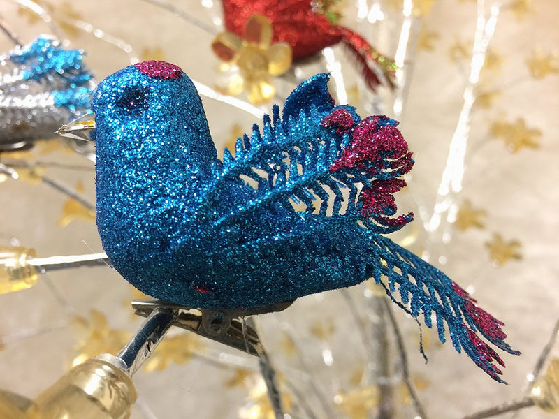 NewNest Australia - BANBERRY DESIGNS Artificial Foam Bird Ornaments - Set of 12 Clip-On Birds - Package Includes 3 Red, 3 Blue, 3 Gold and 3 Silver - Simulation Mini Birds with Sequence and Glitter - 2 Inches Tall 