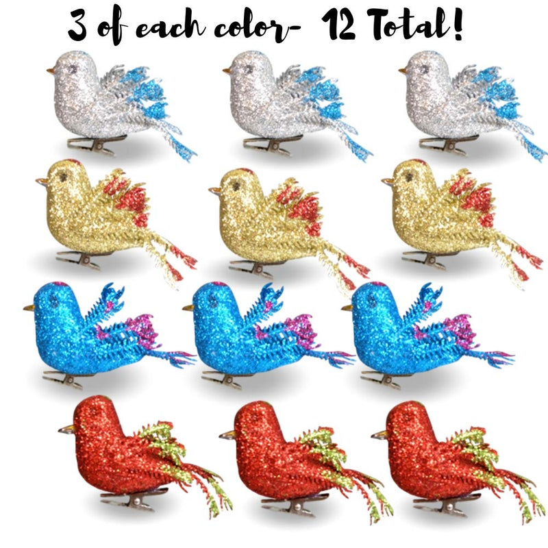 NewNest Australia - BANBERRY DESIGNS Artificial Foam Bird Ornaments - Set of 12 Clip-On Birds - Package Includes 3 Red, 3 Blue, 3 Gold and 3 Silver - Simulation Mini Birds with Sequence and Glitter - 2 Inches Tall 