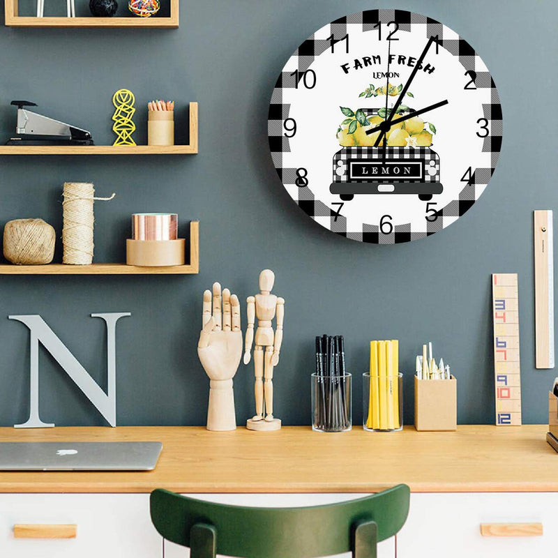 NewNest Australia - Wooden Round Wall Clock 12'' Silent Battery Operated Non Ticking Clock, Black Grey Buffalo Plaid Farm Truck Carry Fresh Lemons Noiseless Office Kitchen Bedroom Wall Clock Home Decor 