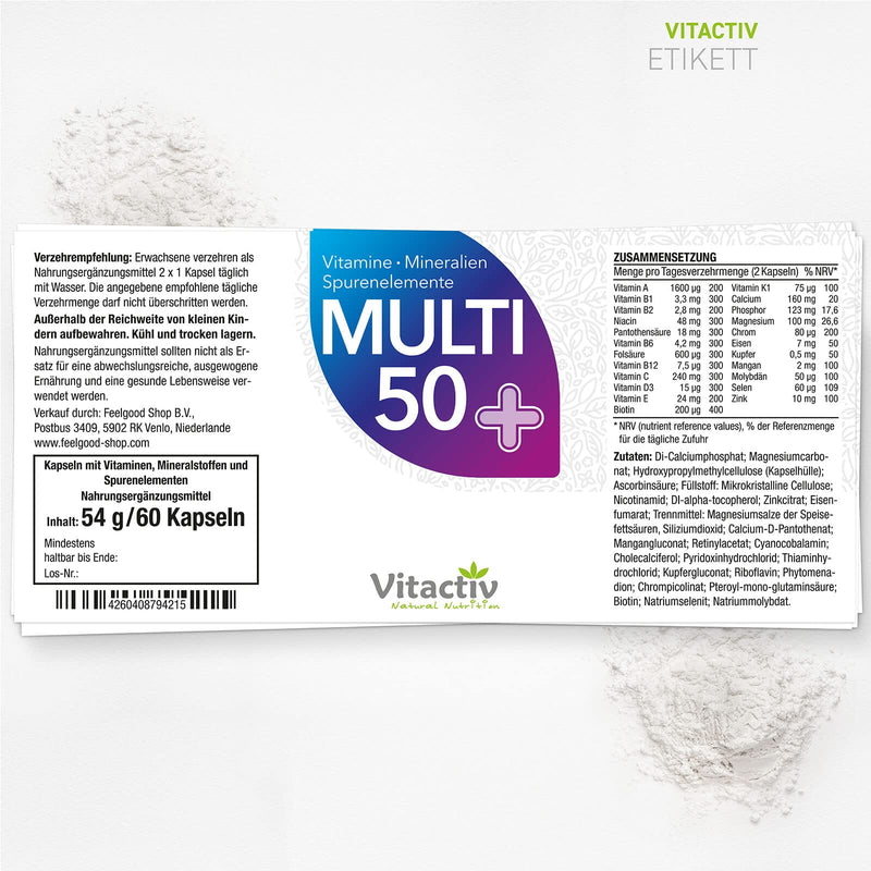 Vitactiv Multi 50 Plus Multivitamin Complex For People From 50 - Vitamins, Minerals, Trace Elements - Vitamin B, C, E, K, D, Magnesium, Calcium, Zinc - High Dosage, Hormone-Free, No Iodine - 60 Capsules - NewNest Australia