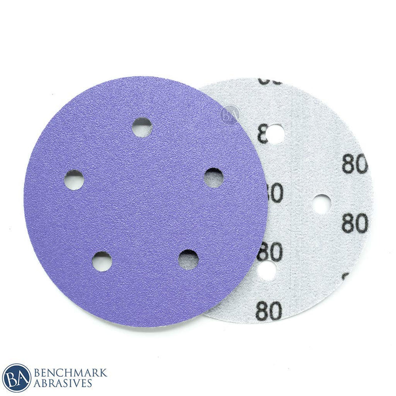 Benchmark Abrasives 5" Ceramic 5 Hole Film Backed Hook & Loop Discs - 50 Pack (80 Grit) 80 Grit - NewNest Australia