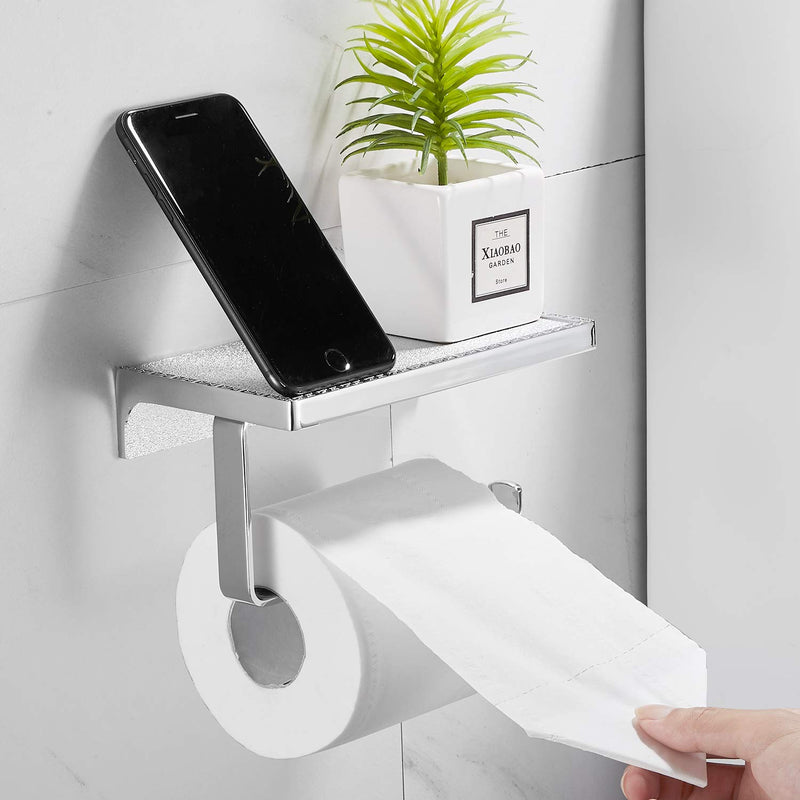 Toilet Paper Roll Holder with Shelf Tissue Dispenser Storage Cell Phone Shelves Wall Mounted Bathroom Accessories Antislip Frosted Chrome - NewNest Australia