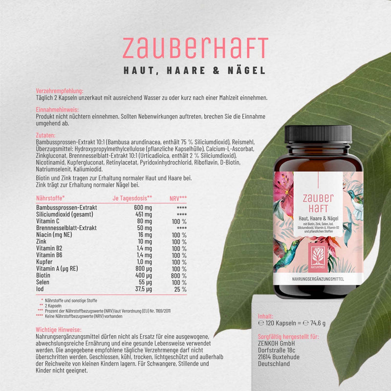 Hair Vitamins - 375mg High Dose Silicon & Biotin Zinc Selenium for Hair - Silica from Bamboo, Copper, Iod, Saw Palm, Nettle and B Vitamins - 120 Hair Vitamin Capsules - Vegan from Germany - NewNest Australia