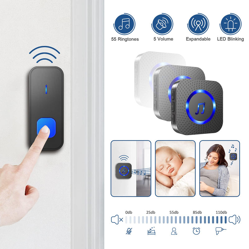 Wireless Doorbell, Waterproof Door Bell Battery Operated with Plug in Receiver Chime transmitters Remote Button, 55 Chimes 5 Volume, Loud Enough for Home Classroom, Black (2 Receivers + 1 Button) 2 Receivers + 1 Button - NewNest Australia