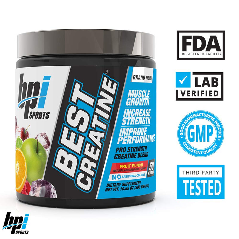 BPI Sports Best Creatine – Creatine Monohydrate, Himalayan Salt – Strength, Pump, Endurance, Muscle Growth, Muscle Definition – No Bloat – Fruit Punch – 50 servings – 10.58 oz. 10.58 Ounce (Pack of 1) - NewNest Australia