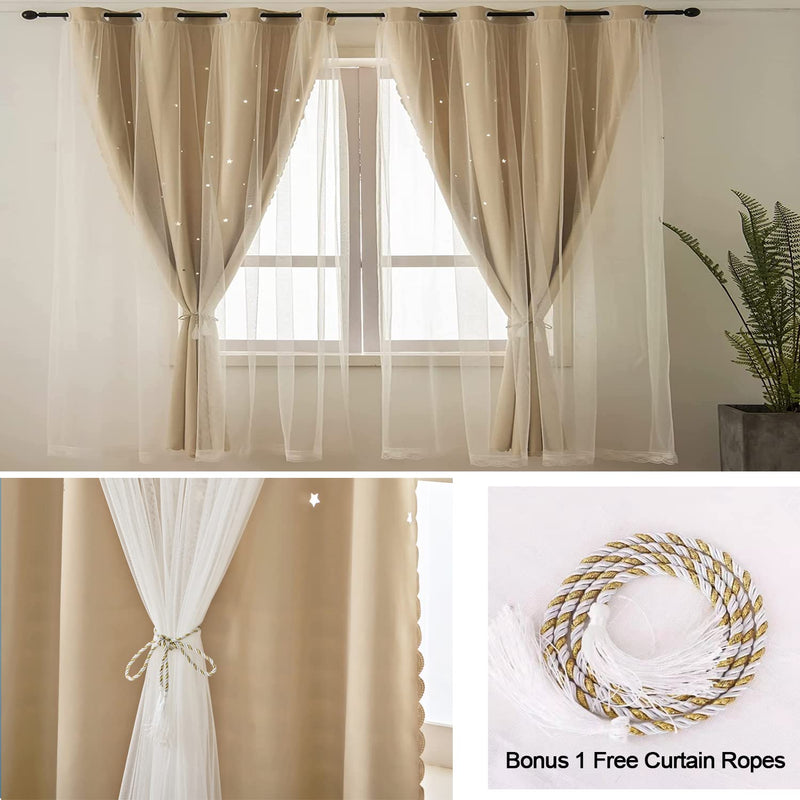 Star Curtains Blackout Curtains for Girls Bedroom Living Room Home Decoration Double Layer Star Cut Out Drapes and Curtains Darkening Window Curtain Grommets Top(1 Panel, W52 X L63, Beige) 1PC-52" W x 63" L 1 Panel ? Beige - NewNest Australia