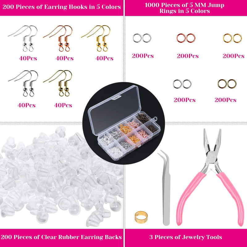 Earring Hooks, Audab 1400pcs Earring Making Kit with 200pcs Ear Ring Hooks, 1000pcs Jump Rings, 200pcs Earring Backs and Jewelry Pliers for Jewelry Making Supplies Earring Findings - NewNest Australia