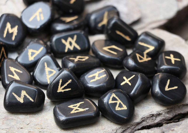 Crocon Black tourmaline tumble shape gemstone runes stones with Elder Futhark Alphabet Engraved 25 pcs runes set Crystal Divination Healing Chakra Reiki with a pouch Size : 15-20 mm - NewNest Australia