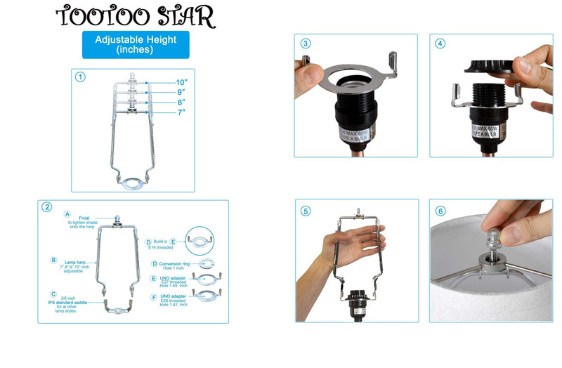7 8 9 10 inch TooToo Star Lamp Shade Harp Holder 3/8 Standard&E14&E26&E27 Light Base UNO Fitter Adapter Converter Finial Set,Adjustable Tall 7 8 9 10 inch, Detachable Parts Silver Bracket Support - NewNest Australia