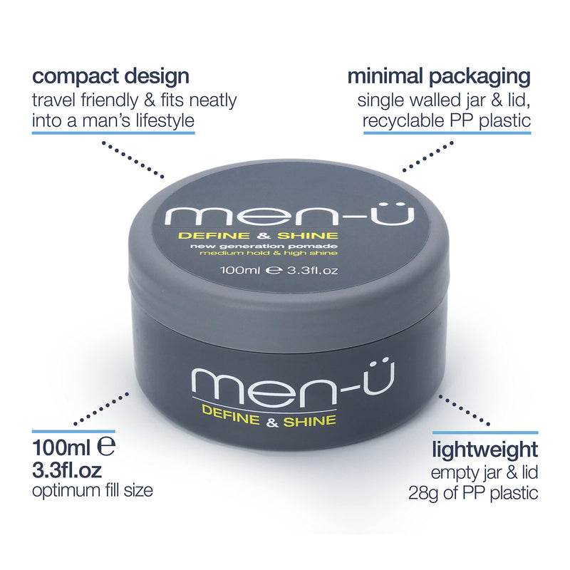 men-u pomade for men DEFINE & SHINE 100ml – Hair pomade w/ medium hold and high shine. Helps tone down grey hair & washes out easily - Mens hair products by men-u, Single walled 100ml styling puck. - NewNest Australia