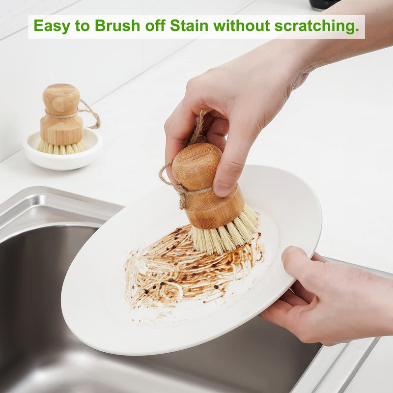 SUBEKYU Bamboo Dish Scrub Brush for Kitchen Sink, Natural Wooden Washing Dish Brush Scrubber, Sisal Bristles Brush for Household Cleaning Cast Iron Brush Pots, Pans and Vegetables Ceramics Base + 1P Sisal Brush - NewNest Australia