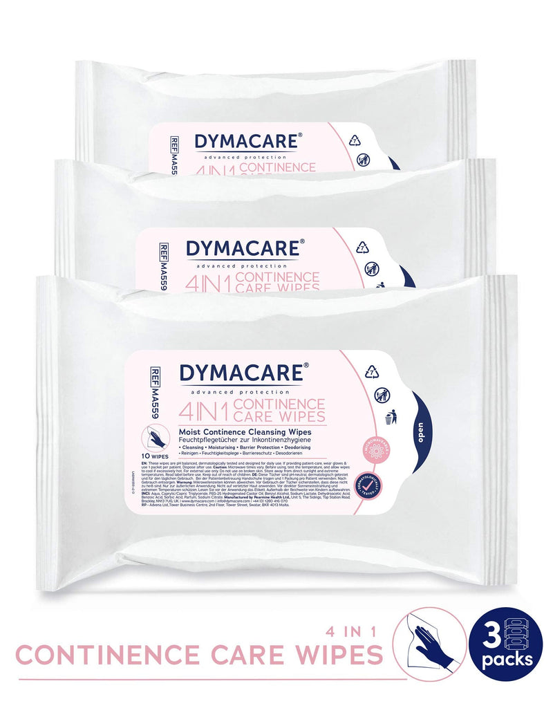 DYMACARE 4 in 1 Continence Care Wipes 10’s | Adult Scented Premium Incontinence Cloths | Skin Cleansing Wipes with Barrier Protection | 3 Packs of 10 Wipes (30 Wipes 3 Packs (30 wipes in total) - NewNest Australia