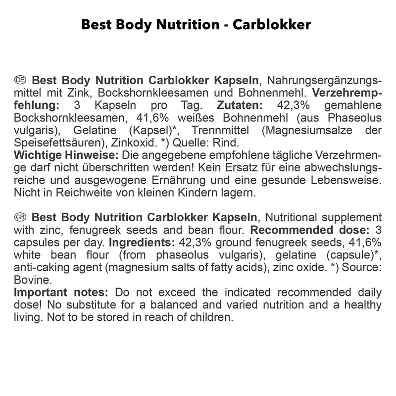 Best Body Nutrition Carblokker with fenugreek seeds and bean flour, 100 capsules (82.7g) - NewNest Australia