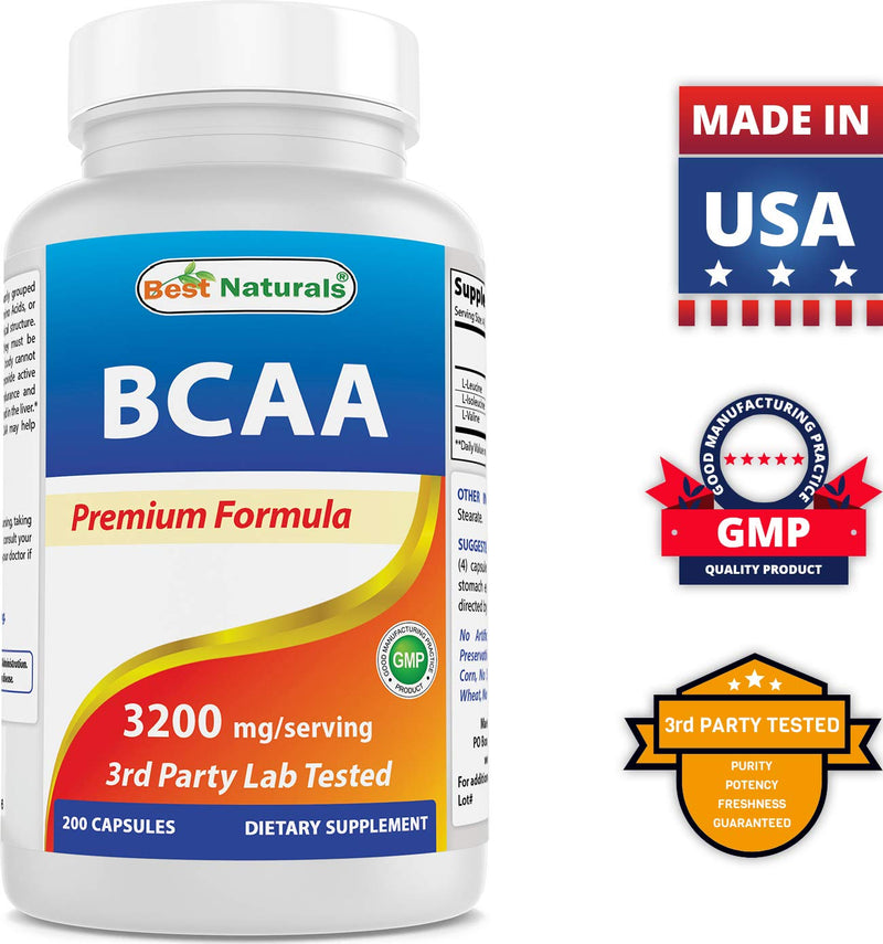 Best Naturals BCAA Branch Chain Amino Acid, 3200mg per Serving, 200 Capsules - Pharmaceutical Grade - 100% Pure Instantized Formula | Pre/Post Workout Bodybuilding Supplement | Boost Muscle Growth - NewNest Australia
