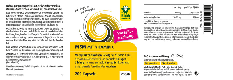 Raab Vitalfood MSM capsules, methylsulfonylmethane, vitamin C, 200 pieces, highly pure, vegan - NewNest Australia