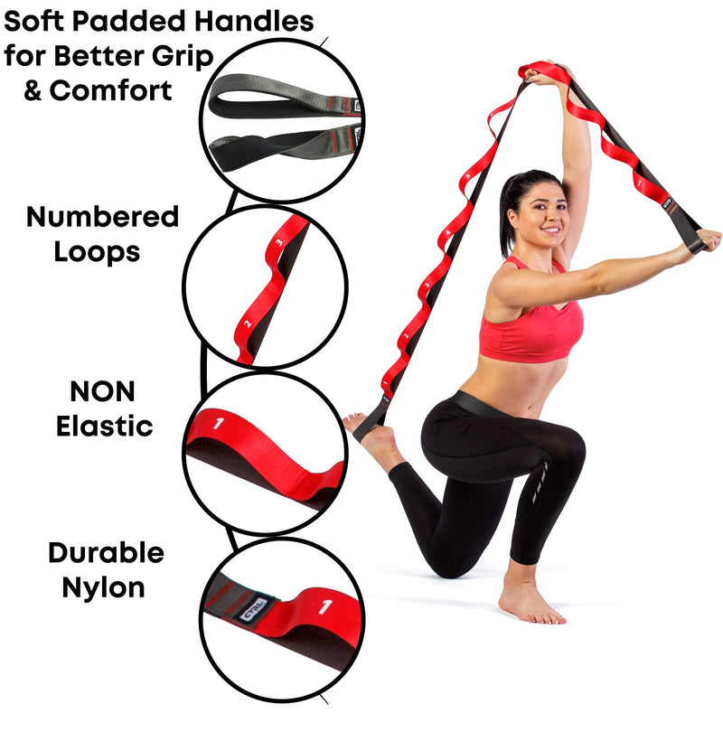 Stretching Strap with Loops for Physical Therapy, Yoga, Exercise and Flexibility - Non Elastic Fitness Stretch Band + Exercise Instructions & Carry Bag by CTRL Sports 10 Loops - Red - NewNest Australia