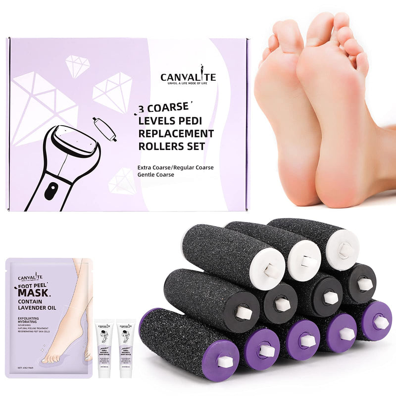 Canvalite 12PCS Pedi Replacement Rollers for Pedicure Hard Skin Remover with Free Foot Peel Mask & Exfoliating Foot Scrub, 12x Rollers with 3 Different Coarse, Foot Care Gift Set for Women 12pcs Mixed Coarse - NewNest Australia