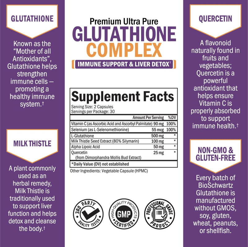Glutathione Supplement Liver Detox with Quercetin Vitamin C Milk Thistle Alpha Lipoic Acid Liver Supplement & Immune Support Pills - Natural Immunity Defense Health Formula & Liver Cleanse 500mg 60ct 60 Count (Pack of 1) - NewNest Australia