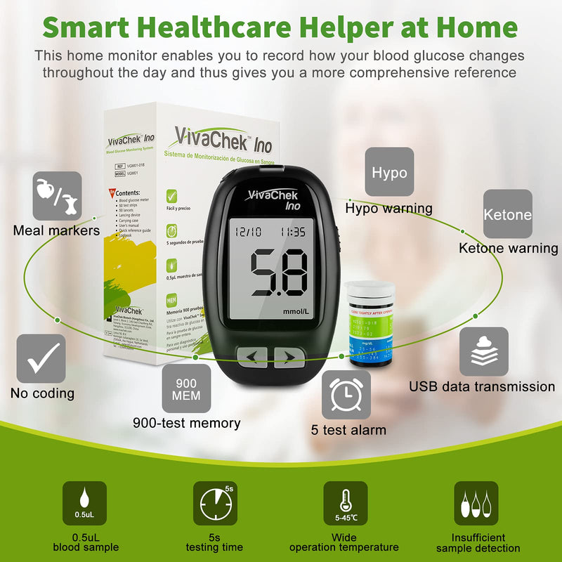 Blood Glucose Monitor Meter, Diabetes Test Kit [2022 Upgrade VivaChek Ino] MicroUSB Data Transmission, 900 Memories, 5 Test Reminders, Hypo and Ketone Warning with 50 Test Strips and 50 Lancets - NewNest Australia
