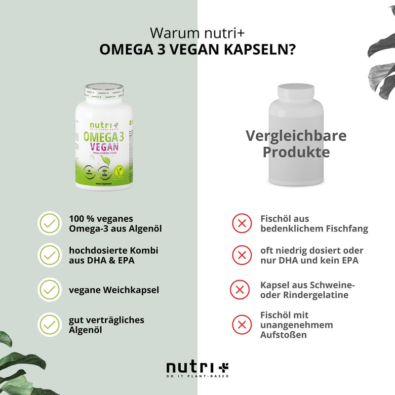 Nutri + Vegan Omega-3 from algae oil - 2000 mg algae oil high dosage with 600 mg DHA & 300 mg EPA - high-quality Omega-3 algae oil capsules (vegan) - laboratory tested - 120 capsules 120 pieces (pack of 1) - NewNest Australia