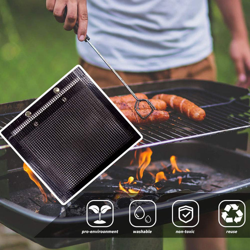 NewNest Australia - YBB 2 Pcs BBQ Grill Mesh Bag with 2 Pcs Silicone Brush, Non-Stick Large BBQ Baked Grilling PTFE Bag Heat-Resistant Reusable Easy to Clean Mesh Backing Bag for Outdoor Picnic Cooking Barbecue 2pcs L 