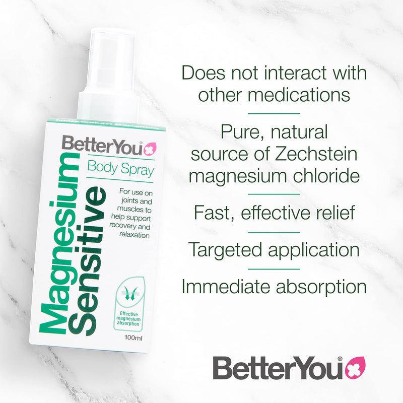 BetterYou Magnesium Sensitive Body Spray | Pure, Clean and Natural Source of Magnesium Chloride | Magnesium Spray | Vegan & Palm-Oil Free | 100ml (600 Sprays) Single - NewNest Australia
