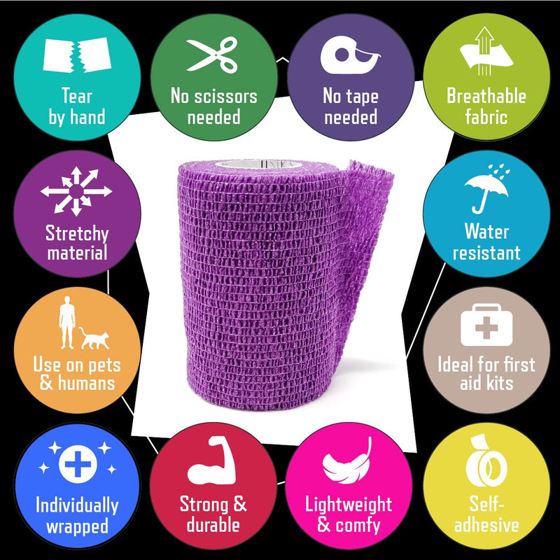 Inksafe Assorted Colours Self Adherent Cohesive Bandages 7.5cm x 4.5m Box of 12 - Uses Include Vet Wrap, Tape for Human Wrist and Ankle Sprains and Sports Injuries - NewNest Australia