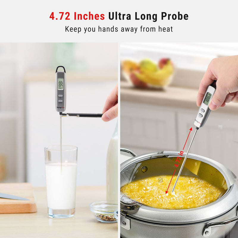 TempPro by ThermoPro Digital Meat Thermometer Instant Read Cooking Food Thermometer with Long Probe for BBQ Grill Smoker Oven Deep Fry Candy Kitchen Thermometer, Silver - NewNest Australia