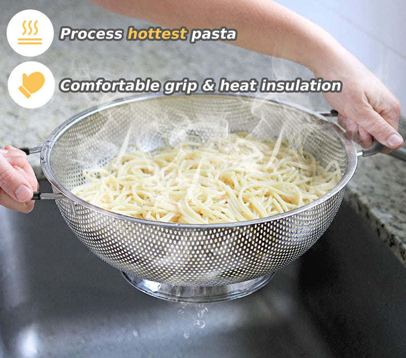 5 Qt Colander 18/8 Stainless Steel Colander Silicone Handle Easy Grip Micro-Perforated Strainer Heavy Duty and Self-draining Solid Ring Base BPA Free Dishwasher Safe - Black - NewNest Australia
