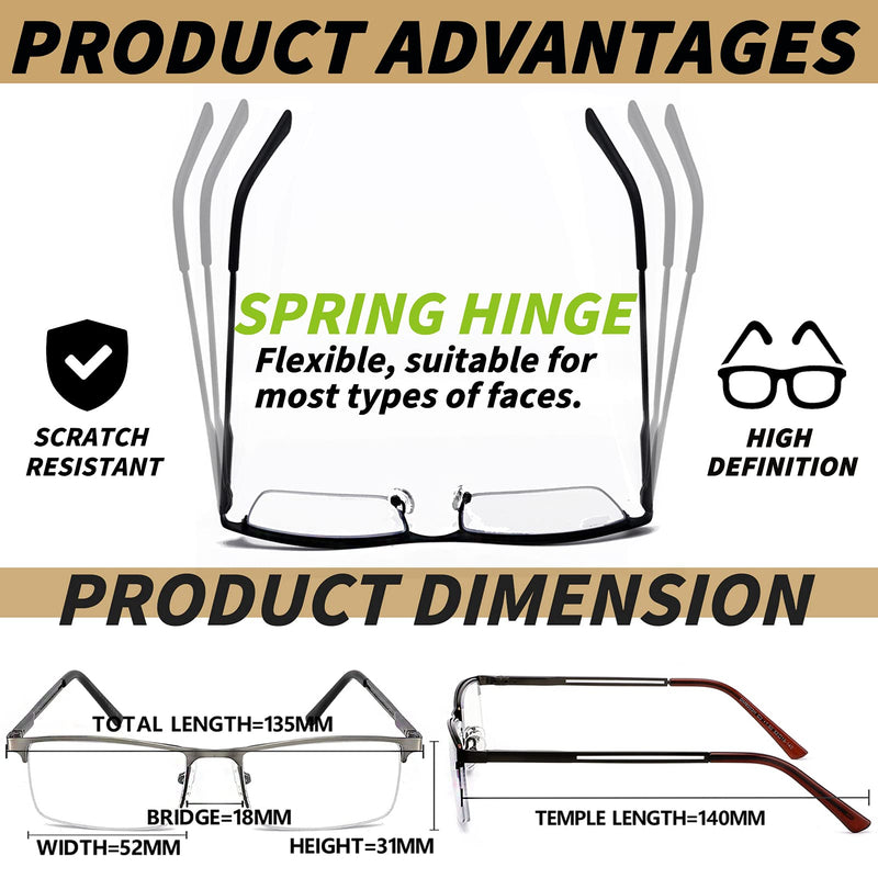 JJWELL 3PCS Men's Reading Glasses with Blue Light Filter, Blue Light Men's Reading Glasses, Rectangular Half Metal Reading Glasses Reading Aid, Anti-Eye Strain/UV, Anti-Blue Light Glasses with Vision 2.0 Black Gunmetal Brown 2.0 x - NewNest Australia