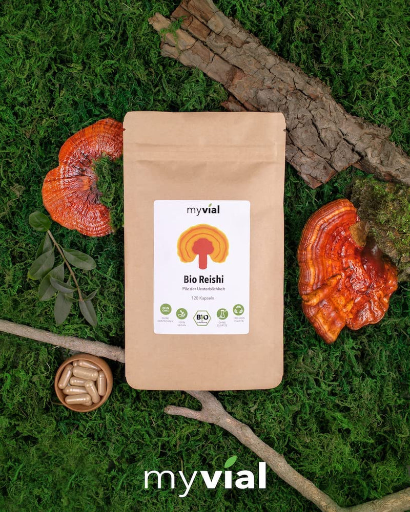 Myvial Organic Reishi Capsules Pack Of 120 Vegan 60 Days Supply 400 Mg Per Capsule - Natural Reishi Mushroom 100% Vegetable Plastic-Free Packaging - Ganoderma Lucidum Shiny Lacquer Porling - NewNest Australia