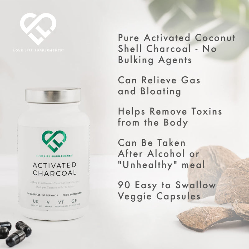 High Strength Activated Charcoal Capsules by LLS | 90 Capsules - 3 Month Supply | 334mg | For Gas, Bloating, Digestion, Flatulence, Detox | 100% Coconut Charcoal - Zero Fillers | Love Life Supplements - NewNest Australia