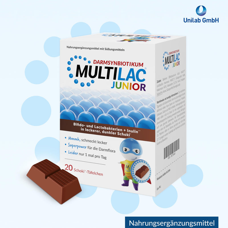 MULTILAC JUNIOR - Probiotic cultures and fiber in an irresistible chocolate shell to support intestinal health for children, delicious & healthy, sugar-free & without palm oil, 20 pieces 20 chocolate bars - NewNest Australia